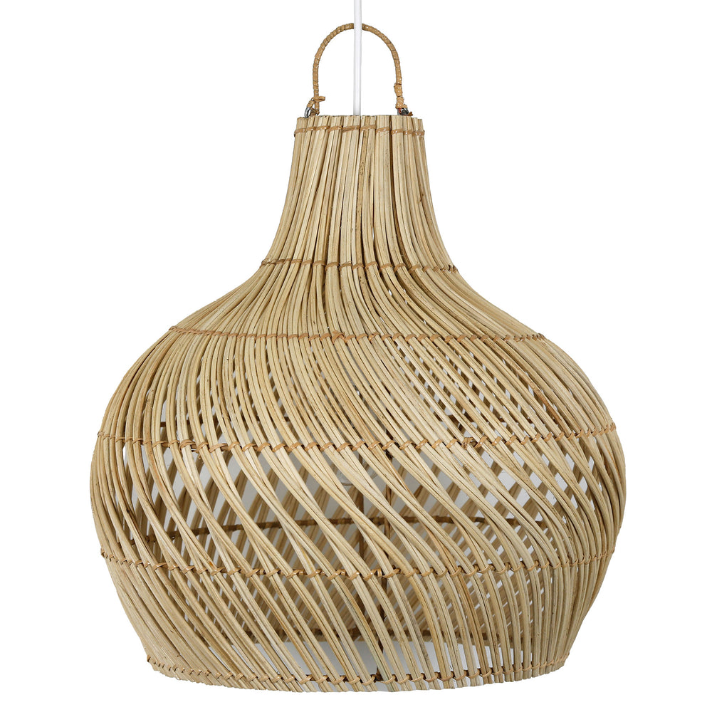 Candeeiro de teto em rattan natural com uma estrutura orgânica, trançada à mão, e uma suave forma de gota