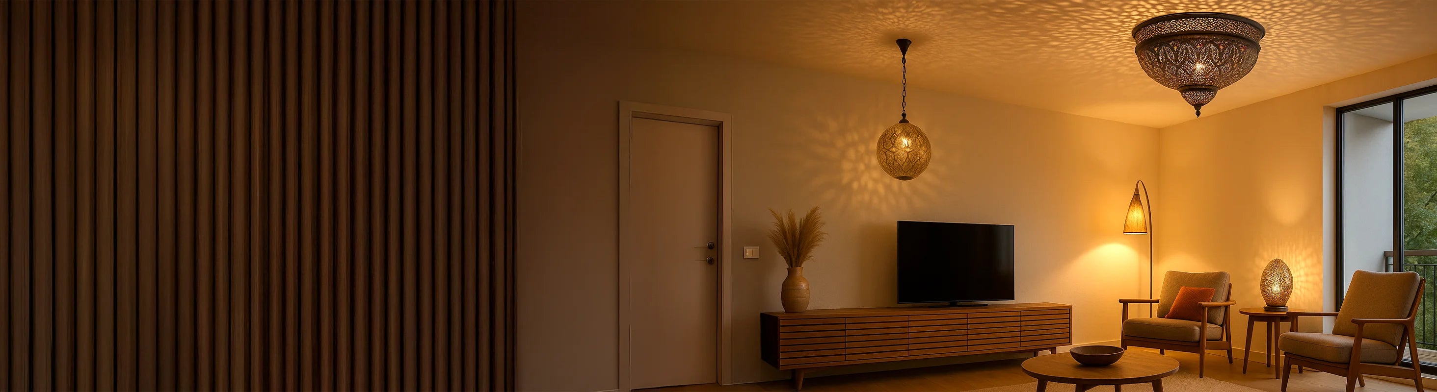 Luminárias de teto – Wohnzimmer mit handgefertigten Deckenleuchten, Stehlampe und Tischleuchte – stimmungsvolle Beleuchtung in warmem Ambiente