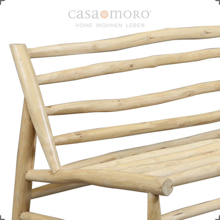 Sofá de três lugares 180 × 86 × 72 cm, estrutura em ramos de teca com almofadas de assento e encosto