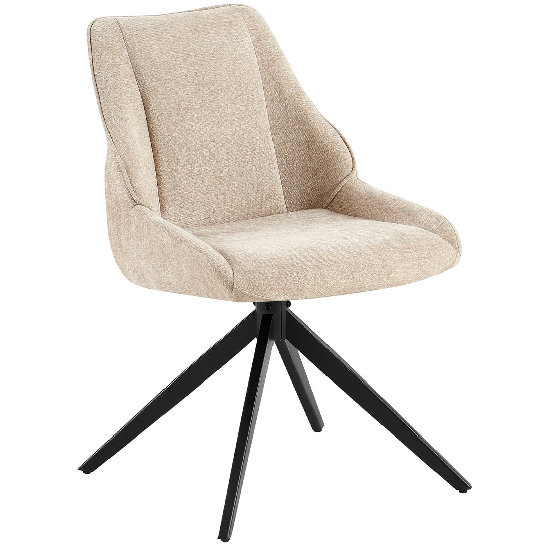 Cadeira de sala de jantar giratória a 360° em castanho claro, com encosto ergonómico, estofamento macio e estrutura metálica preta em forma de tripé