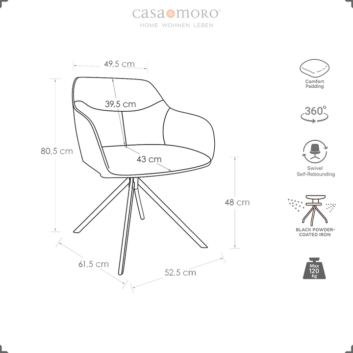 Desenho técnico de uma cadeira estofada giratória a 360° com braços em cinzento, incluindo dimensões e símbolos relativos ao estofamento confortável, à função de retorno automático e à estrutura metálica