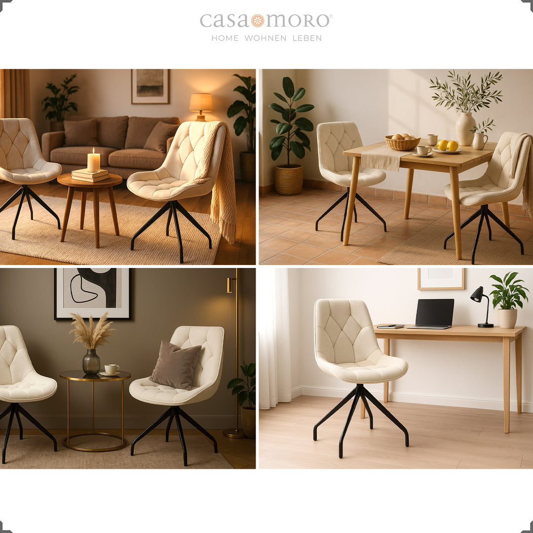 Quatro cadeiras estofadas com rotação de 360°, em bege com estrutura metálica preta – versáteis para a sala de estar, a sala de jantar, a cozinha e o escritório em casa