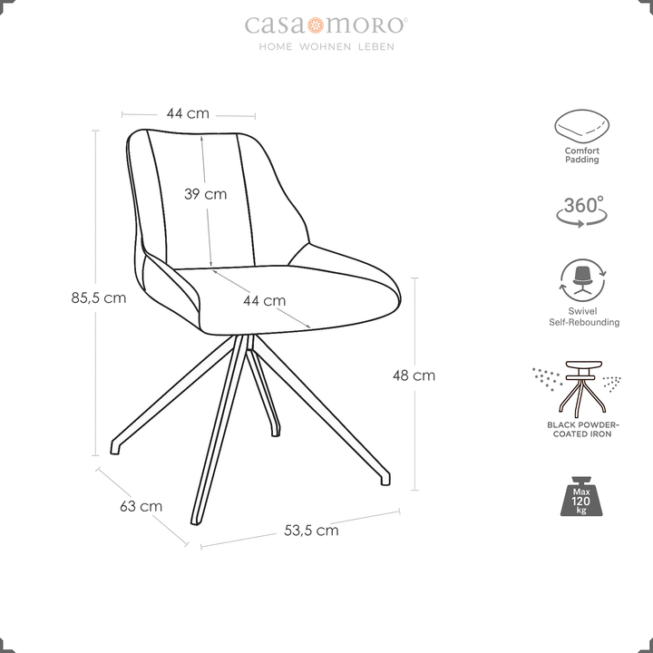 Desenho técnico de uma cadeira de sala de jantar giratória a 360° em cinzento, com indicações de dimensões e símbolos relativos ao estofamento confortável, à função de retorno automático e à estrutura metálica