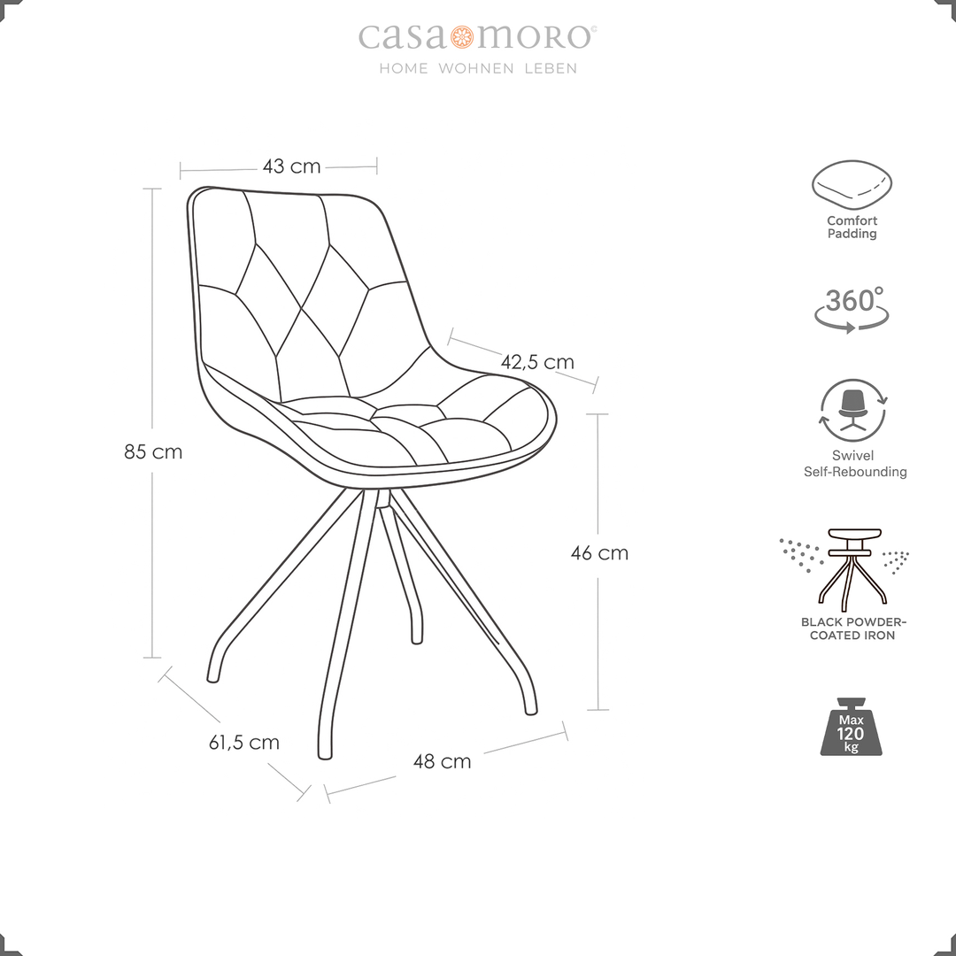 Desenho com dimensões da cadeira de sala de jantar com função de rotação de 360° em cinzento – dimensões, função de retorno automático, estrutura metálica e capacidade de carga até 120 kg