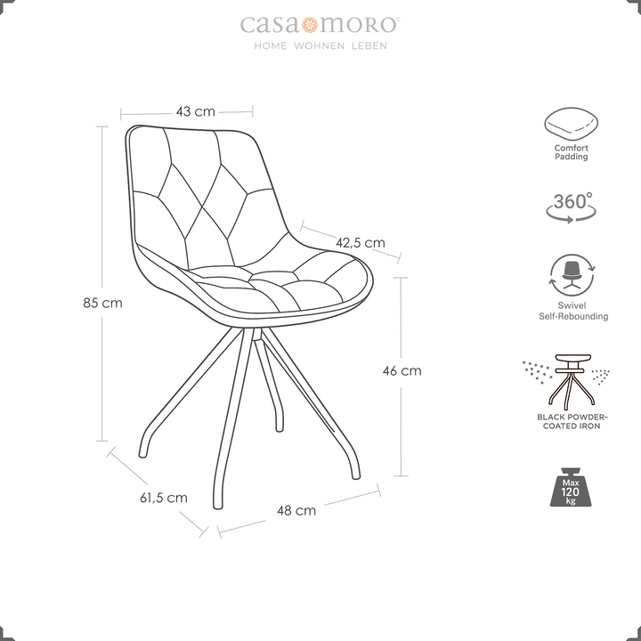 Desenho com dimensões da cadeira de sala de jantar com função de rotação de 360° em cinzento – dimensões, função de retorno automático, estrutura metálica e capacidade de carga até 120 kg