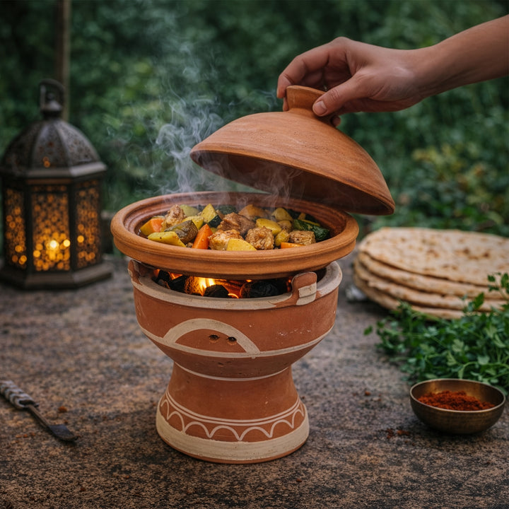Tajine em braseiro de barro «Mejmar» para carvão vegetal, grelhador de mesa marroquino com brasas à vista para tajine