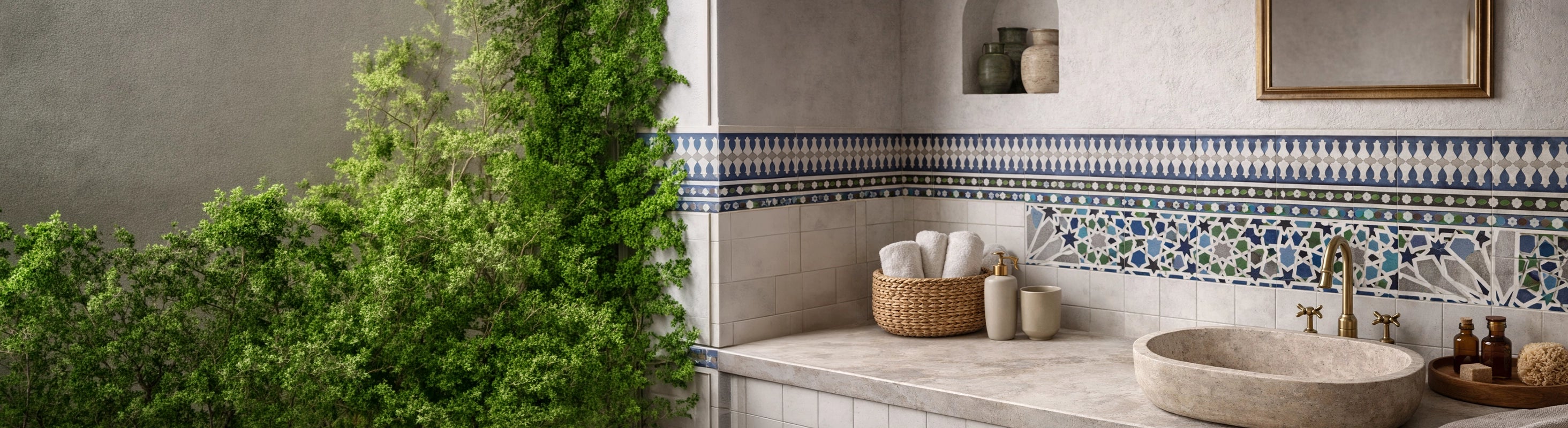 Bordas – Bordas de azulejos no banheiro com padrão oriental - tiras decorativas de azulejos para design de parede em estilo mediterrâneo