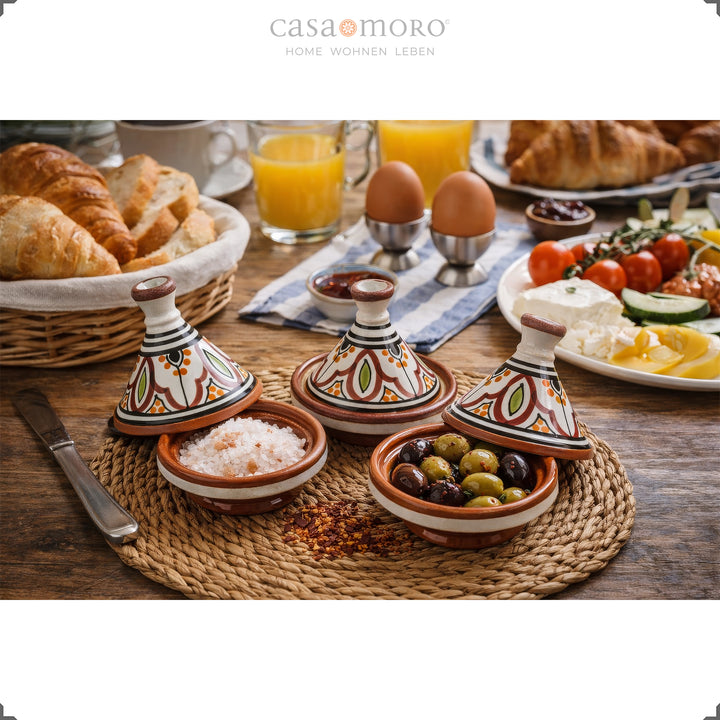 Conjunto de 3 tajines de barro para especiarias, em cerâmica pintada à mão, para servir sal, azeitonas e compota à mesa do pequeno-almoço