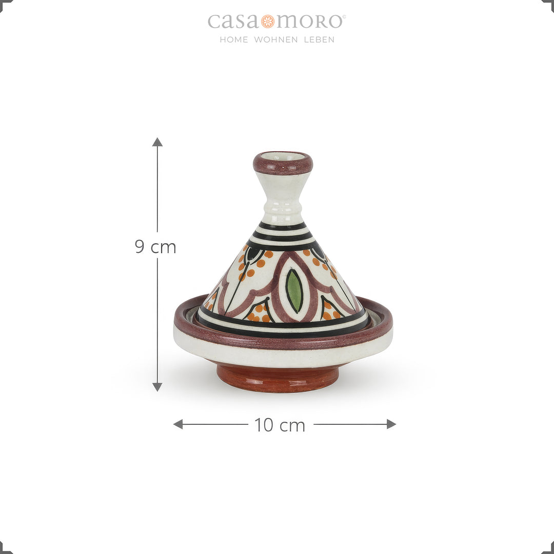 Tajine para especiarias em barro, cerâmica pintada à mão com 9 cm de altura e 10 cm de diâmetro