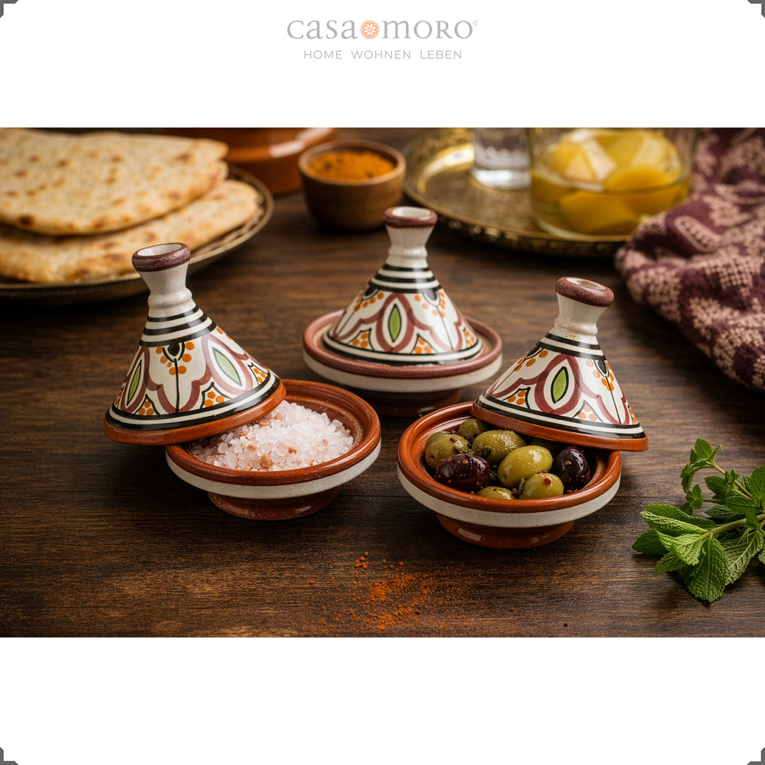 Conjunto de 3 tajines de barro para especiarias, cerâmica pintada à mão para servir sal, azeitonas e especiarias