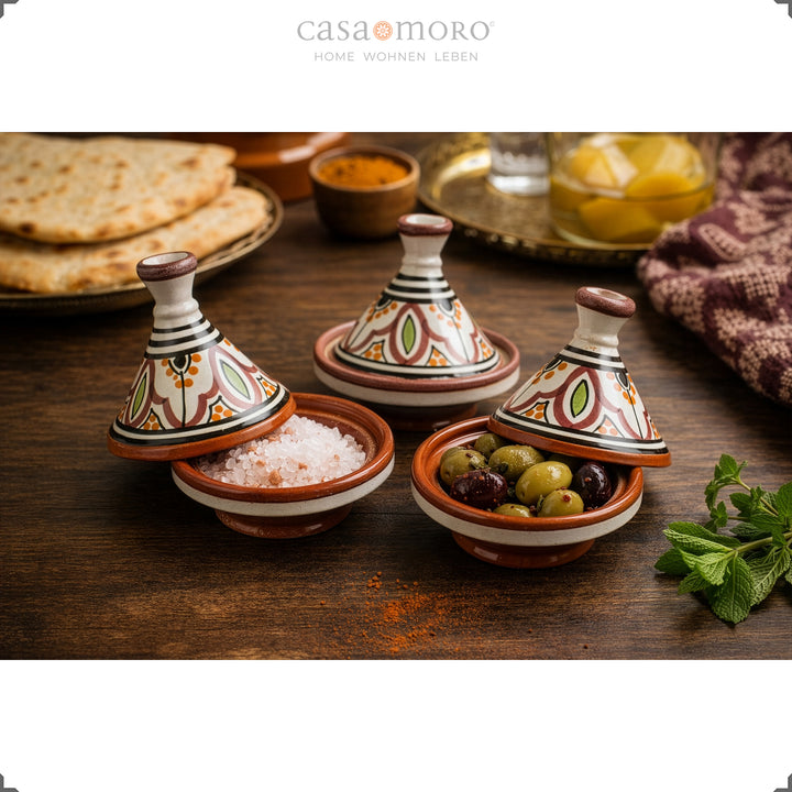 Conjunto de 3 tajines de barro para especiarias, cerâmica pintada à mão para servir sal, azeitonas e especiarias