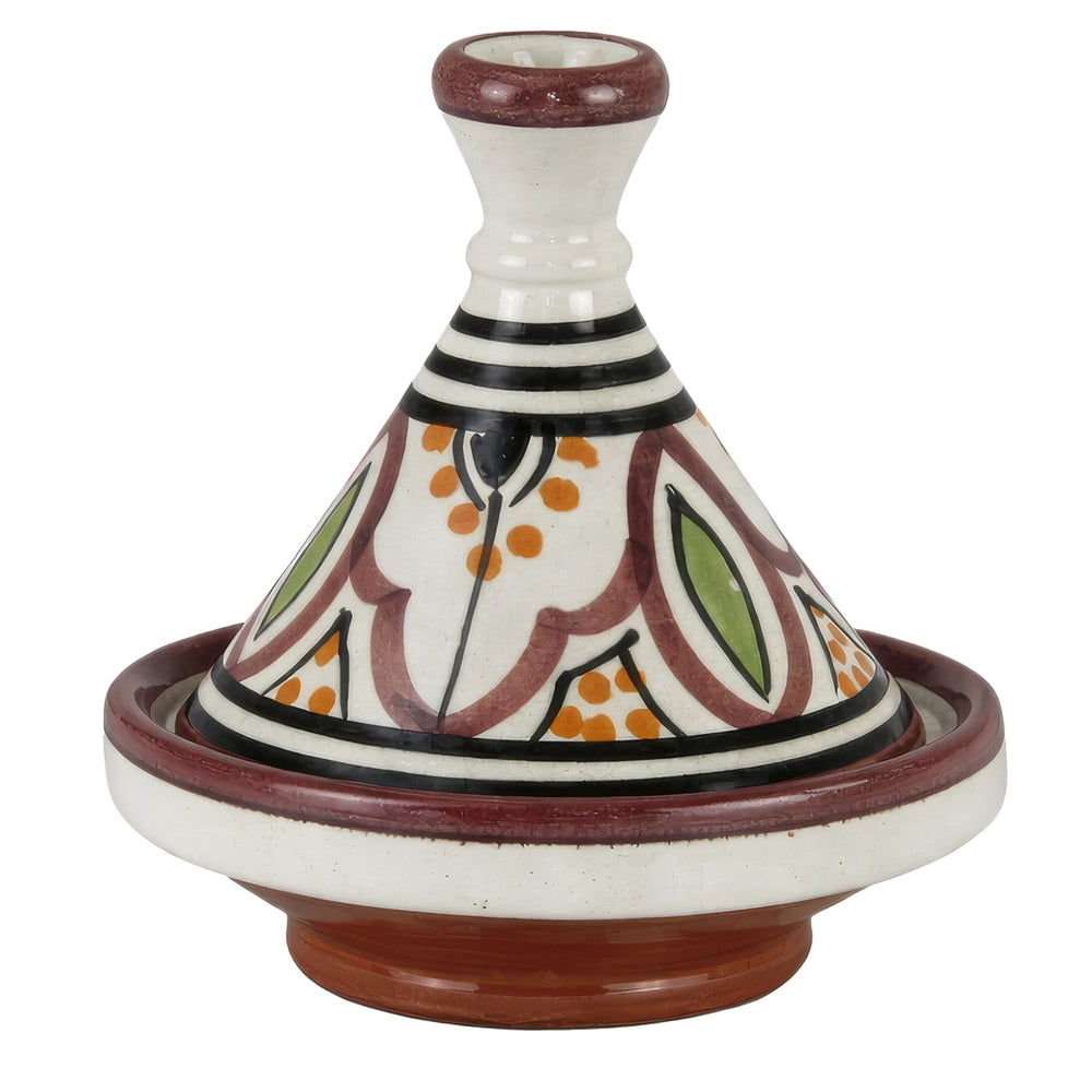 Tajine para especiarias em barro, cerâmica pintada à mão com motivos marroquinos, servindo de recipiente decorativo para especiarias