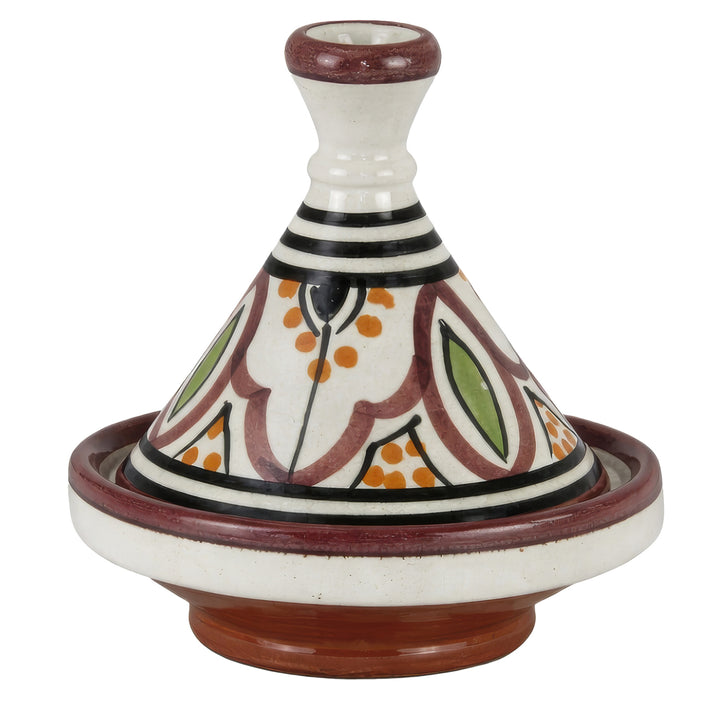 Tajine para especiarias em barro, cerâmica pintada à mão com motivos marroquinos, servindo de recipiente decorativo para especiarias