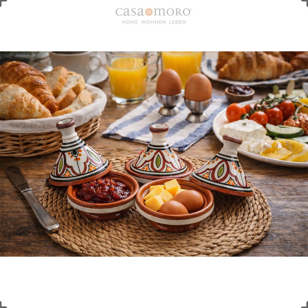Conjunto de 3 tajines de barro para especiarias, cerâmica pintada à mão para servir compotas, ovos e especiarias à mesa do pequeno-almoço