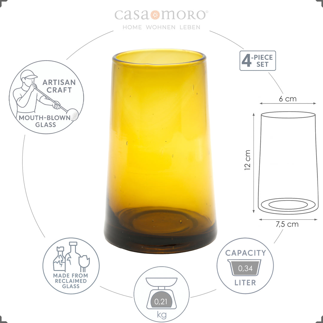 Conjunto de 4 copos para café gelado em vidro cor de mel – cónicos, soprados à mão e elegantes