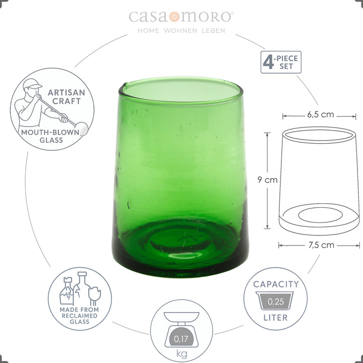 Conjunto de 4 copos verdes – ligeiramente cónicos, soprados à boca de forma tradicional