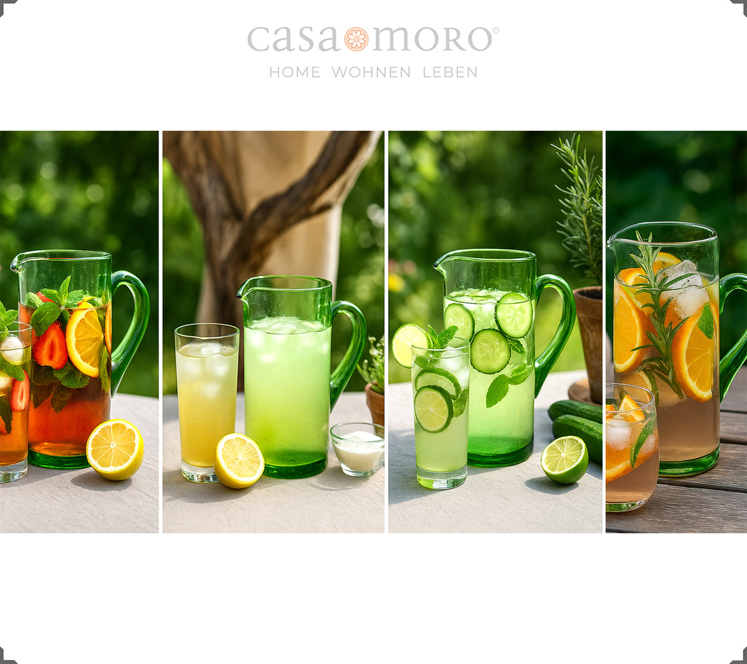 Jarra de vidro com uma textura delicada e uma alça elegante – num verde marcante