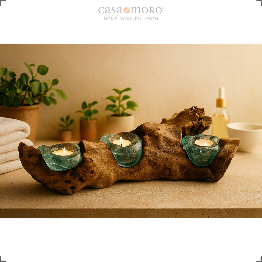 Conjunto de três castiçais para velas de chá em vidro turquesa e madeira de raiz natural, sobre uma base com iluminação acolhedora, rodeado por plantas