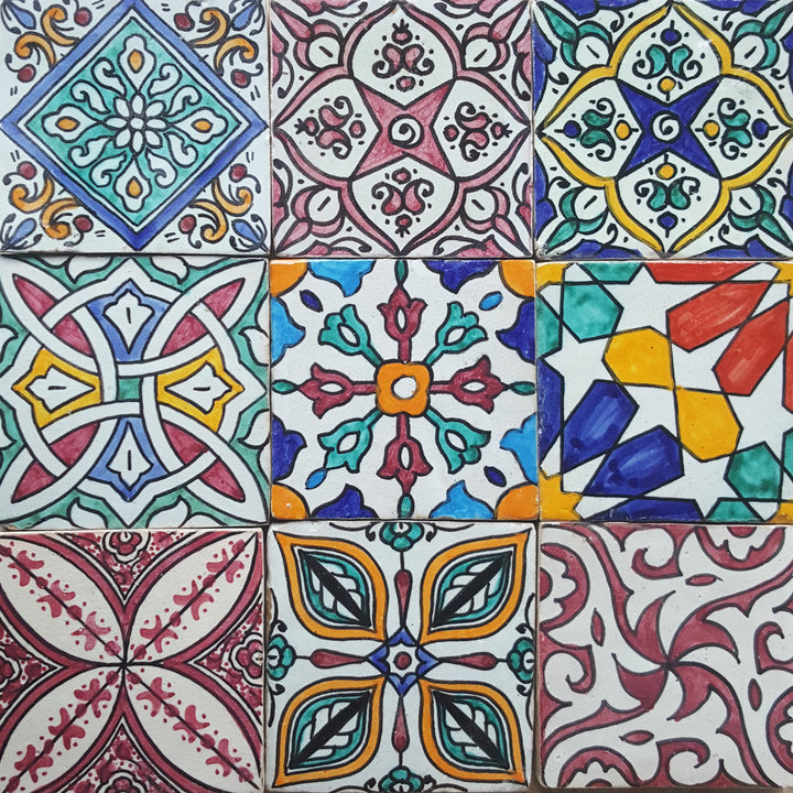 Azulejos pintados à mão – Conjunto de 9 peças, mistura colorida em estilo boho