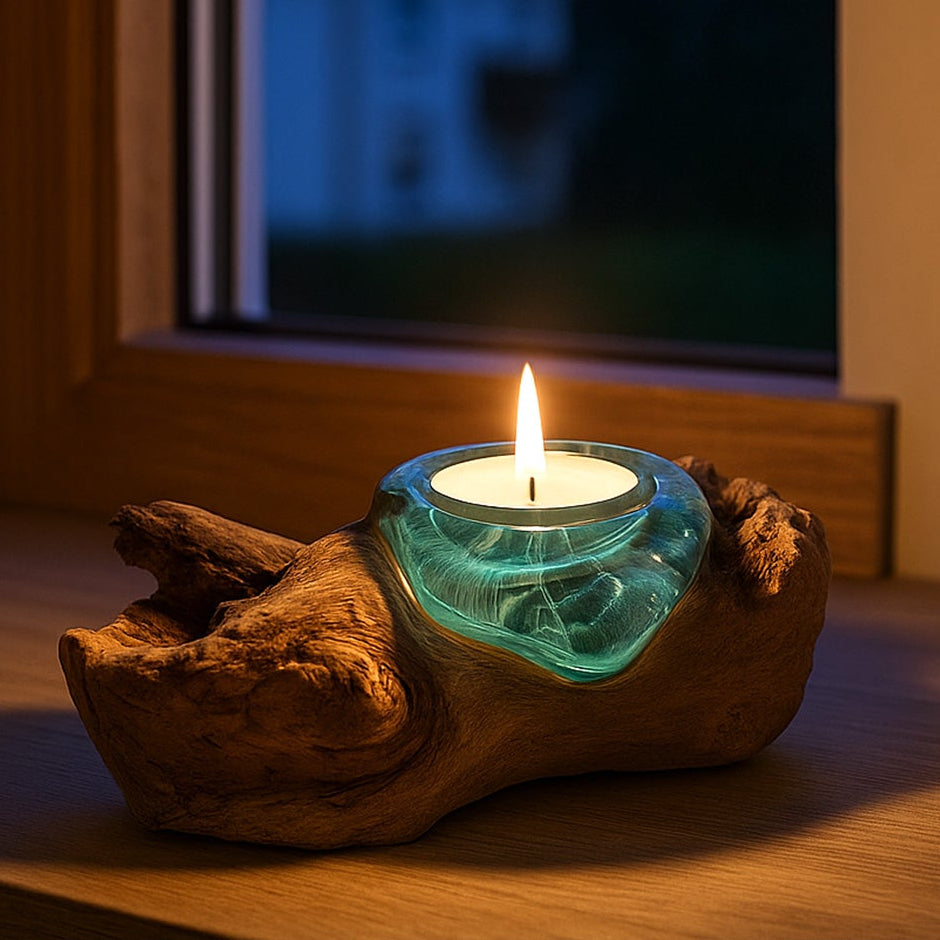Porta-velas BALI em vidro e madeira de raiz