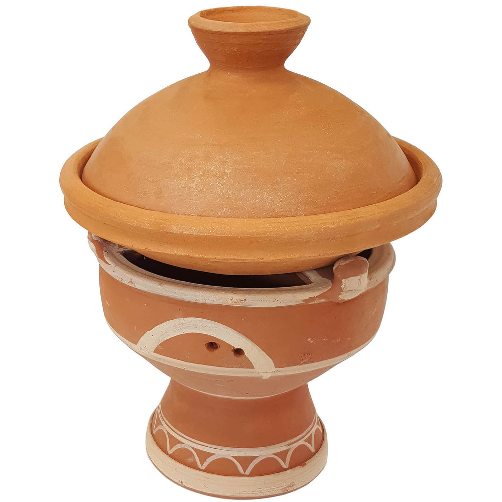 Tajine em braseiro marroquino de barro, com compartimento para carvão, para servir de grelhador de mesa para tajine ao estilo marroquino