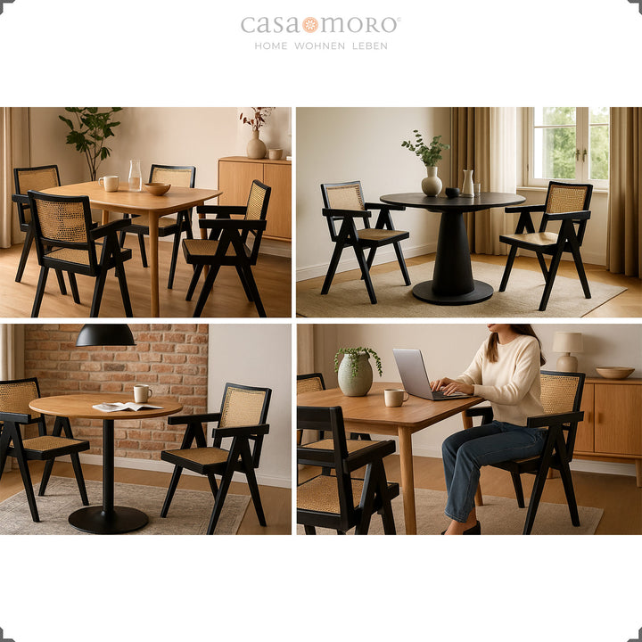 Cadeiras de braços pretas com encosto em vime vienense em diversos ambientes, fabricadas em teca maciça e rattan