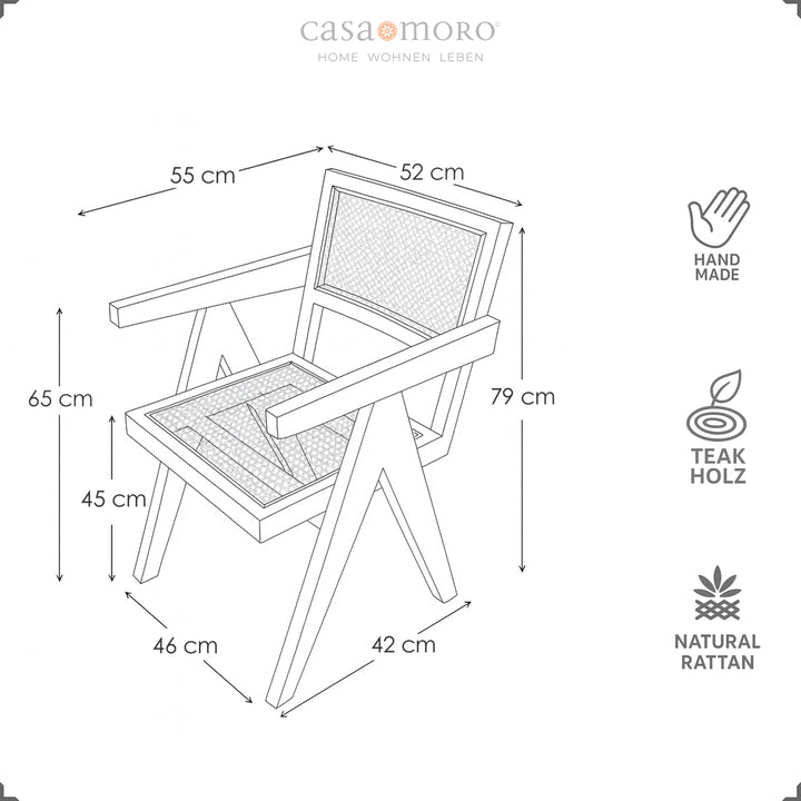 Esboço com dimensões da cadeira com braços e encosto em vime vienense de teca, dimensões detalhadas em cm