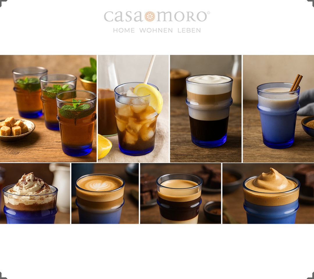 Close-up de copos de vidro azulado – aspeto típico da superfície dos copos de café soprados à boca