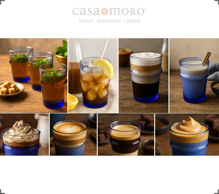 Close-up de copos de vidro azulado – aspeto típico da superfície dos copos de café soprados à boca
