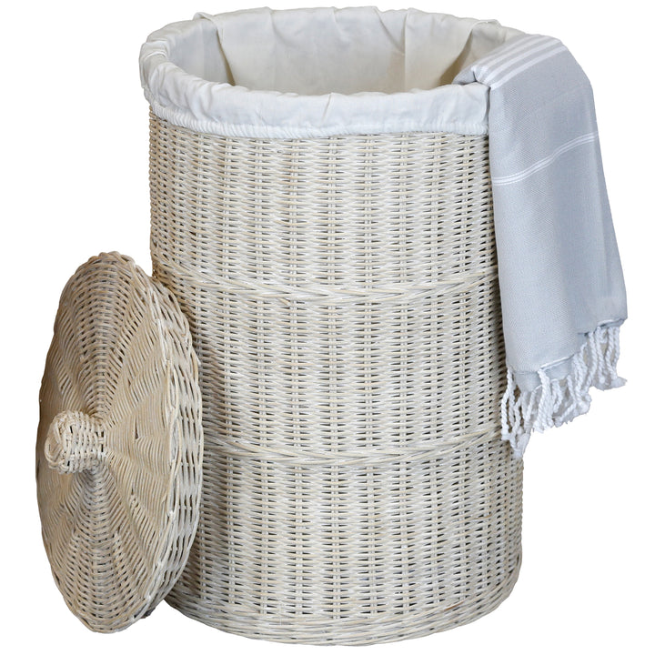 Cesto de arrumação branco calçado com tampa, fabricado em rattan natural entrançado à mão