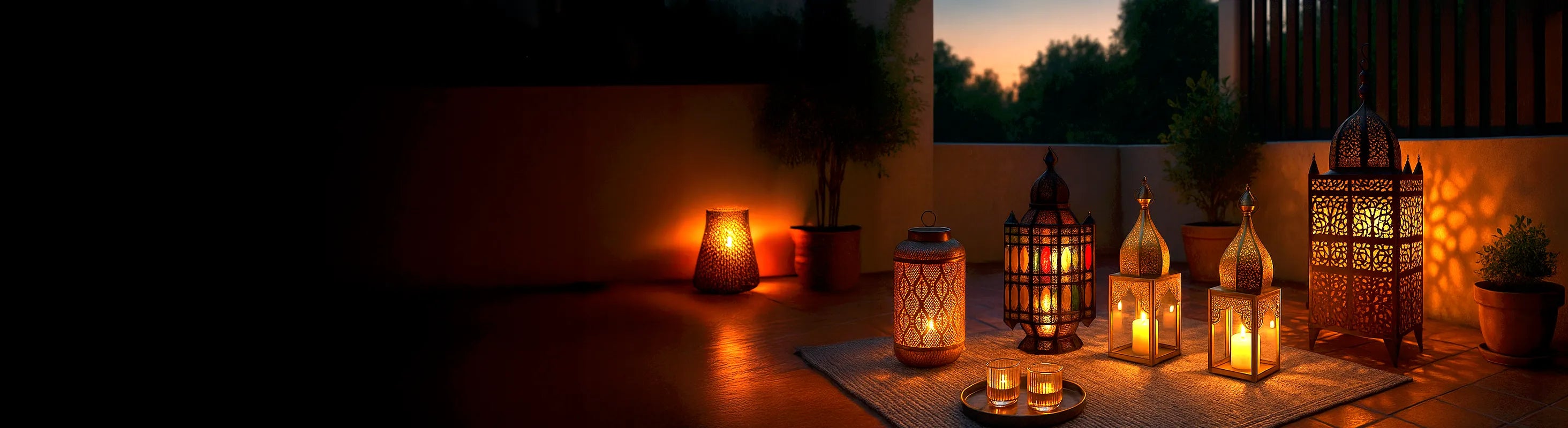 Lanternas – Lanternas orientais com velas no terraço ao pôr do sol - iluminação externa atmosférica para jardim e varanda