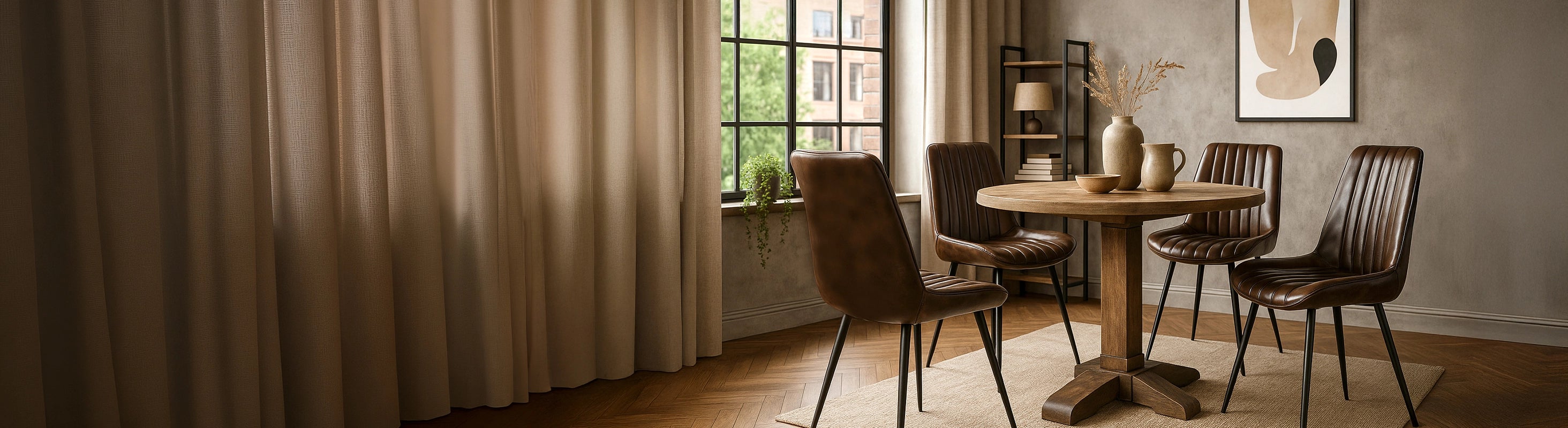 Cadeiras de couro – lederstuehle aus braunem leder am runden esstisch im wohnzimmer – esszimmerstuehle mit metallgestell in modernem wohnraum