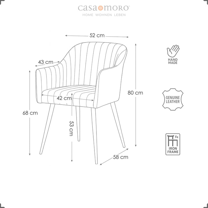 Desenho com dimensões de uma cadeira em pele natural castanha antiga – Largura 52 cm, profundidade 58 cm, altura 80 cm, altura do assento 53 cm, altura dos braços 68 cm, estrutura em metal preto.