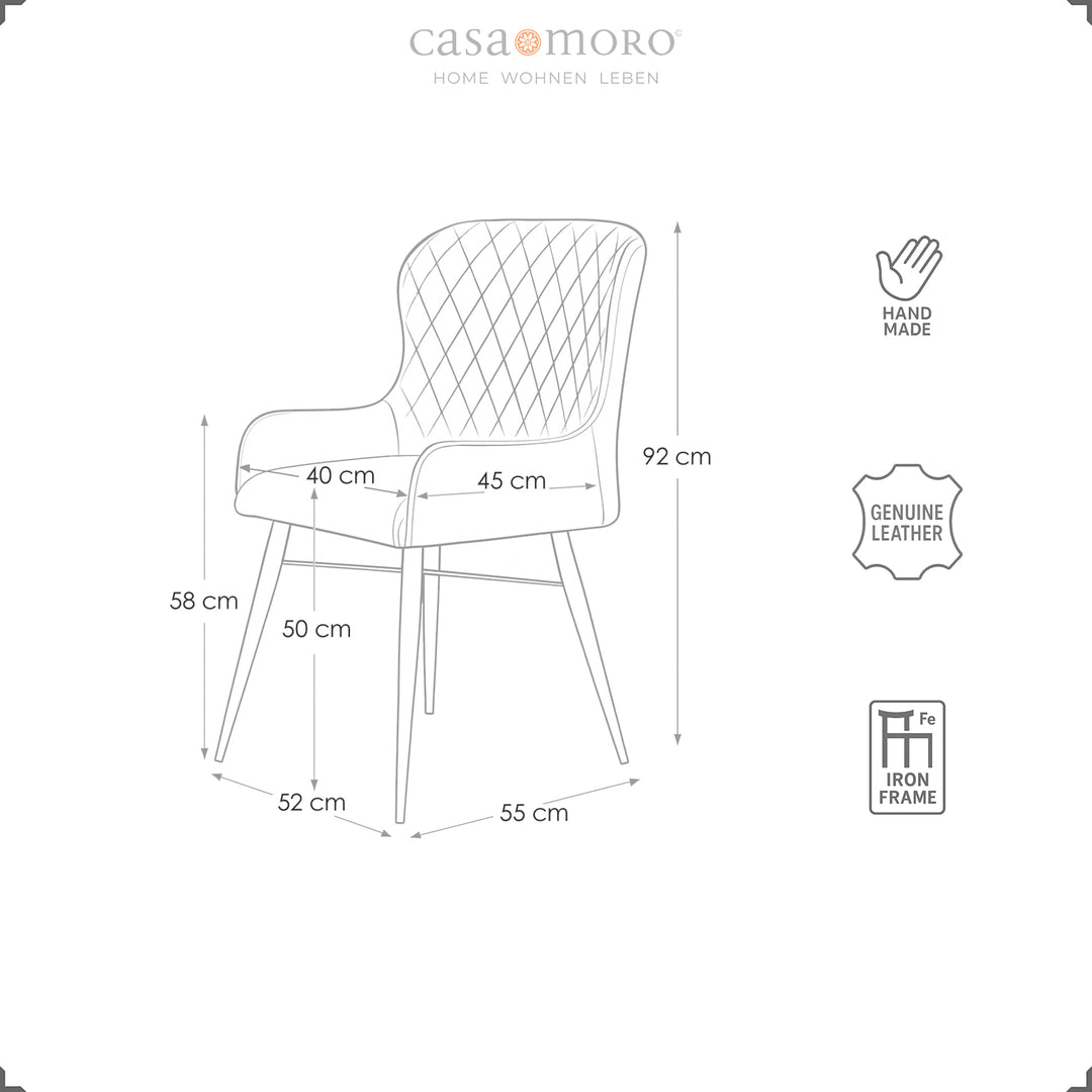 Desenho com dimensões de uma cadeira em couro castanho antigo – Largura 52 cm, profundidade 55 cm, altura 92 cm, estofo em couro genuíno com costura em losango e estrutura em metal preto.