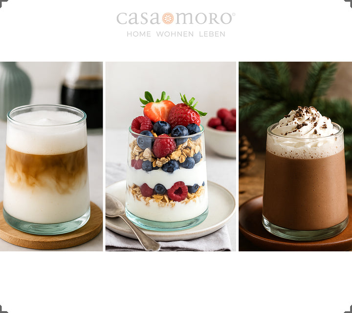 Quatro copos de drink de formato simples e ligeiramente cónico – soprados à boca