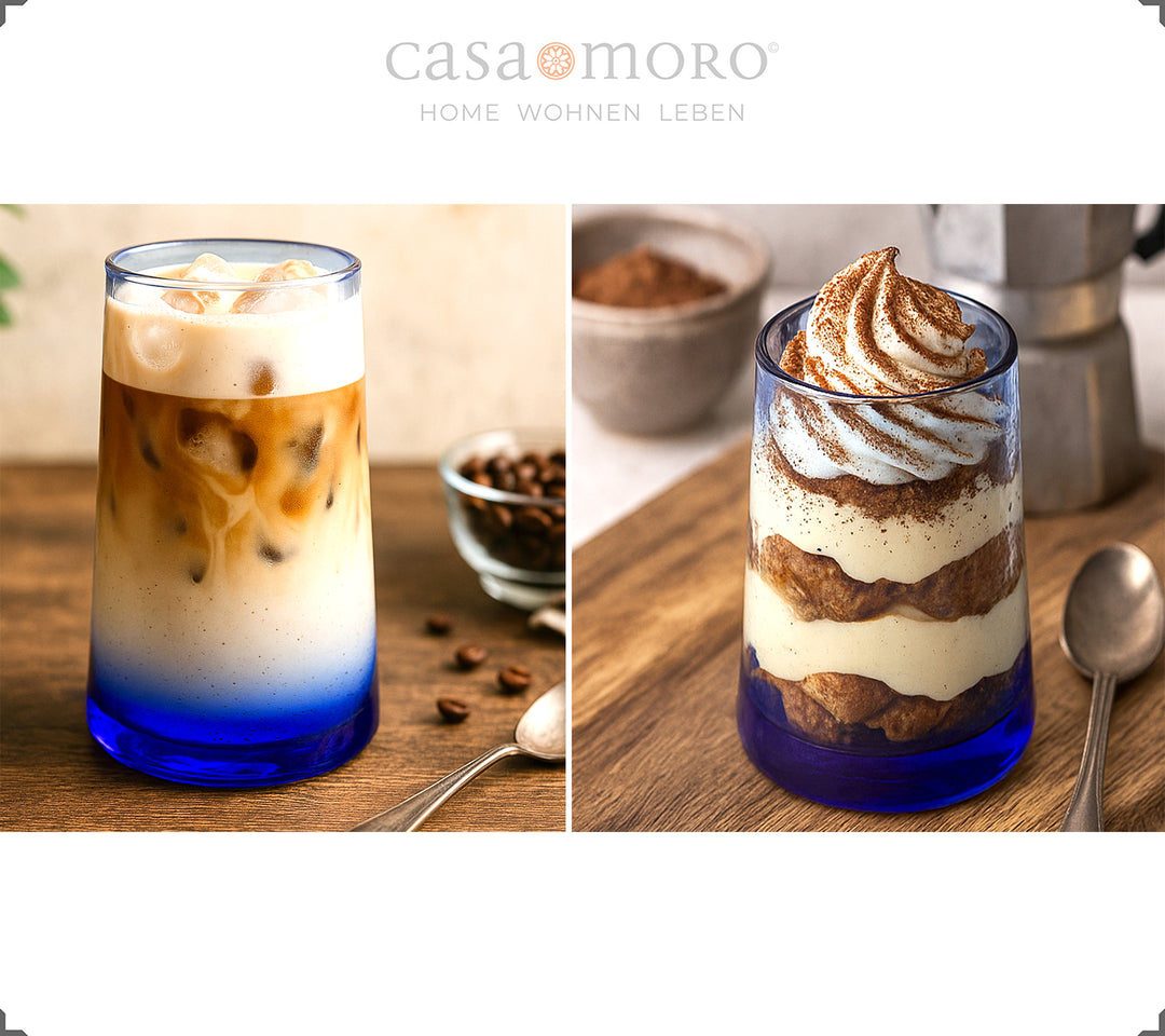 Conjunto de 4 copos altos azuis – ideais para café gelado, aperitivos ou cocktails