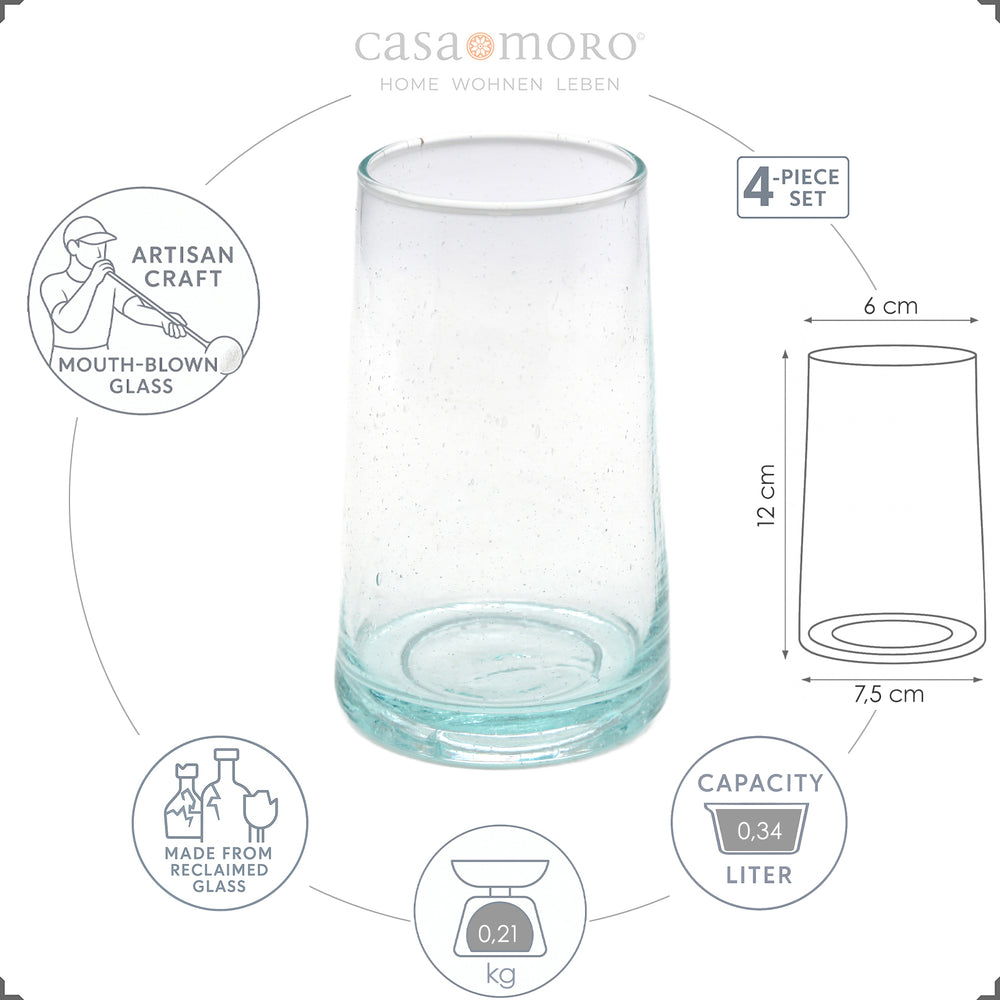 Copos de long drink em vidro reciclado transparente – de formato cónico, resistentes e elegantes