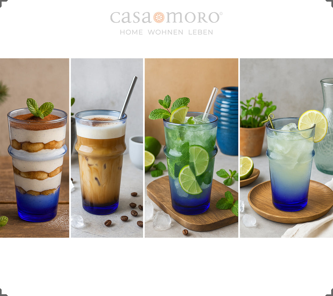Copos de long drink em azul com uma textura viva, soprados à boca no estilo tradicional
