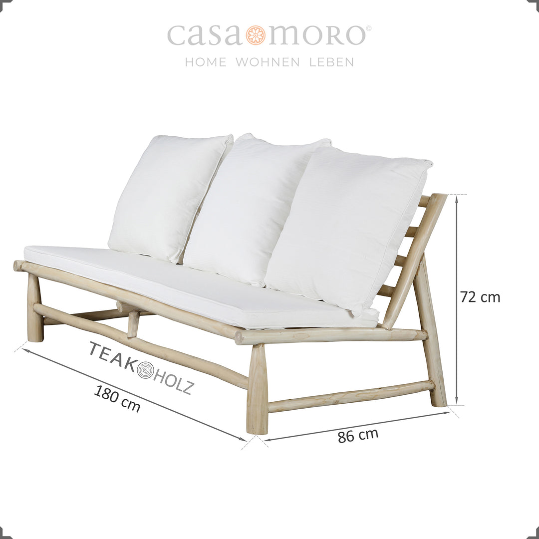 Sofá de três lugares para exterior em madeira de teca, incluindo almofadas confortáveis em branco-creme