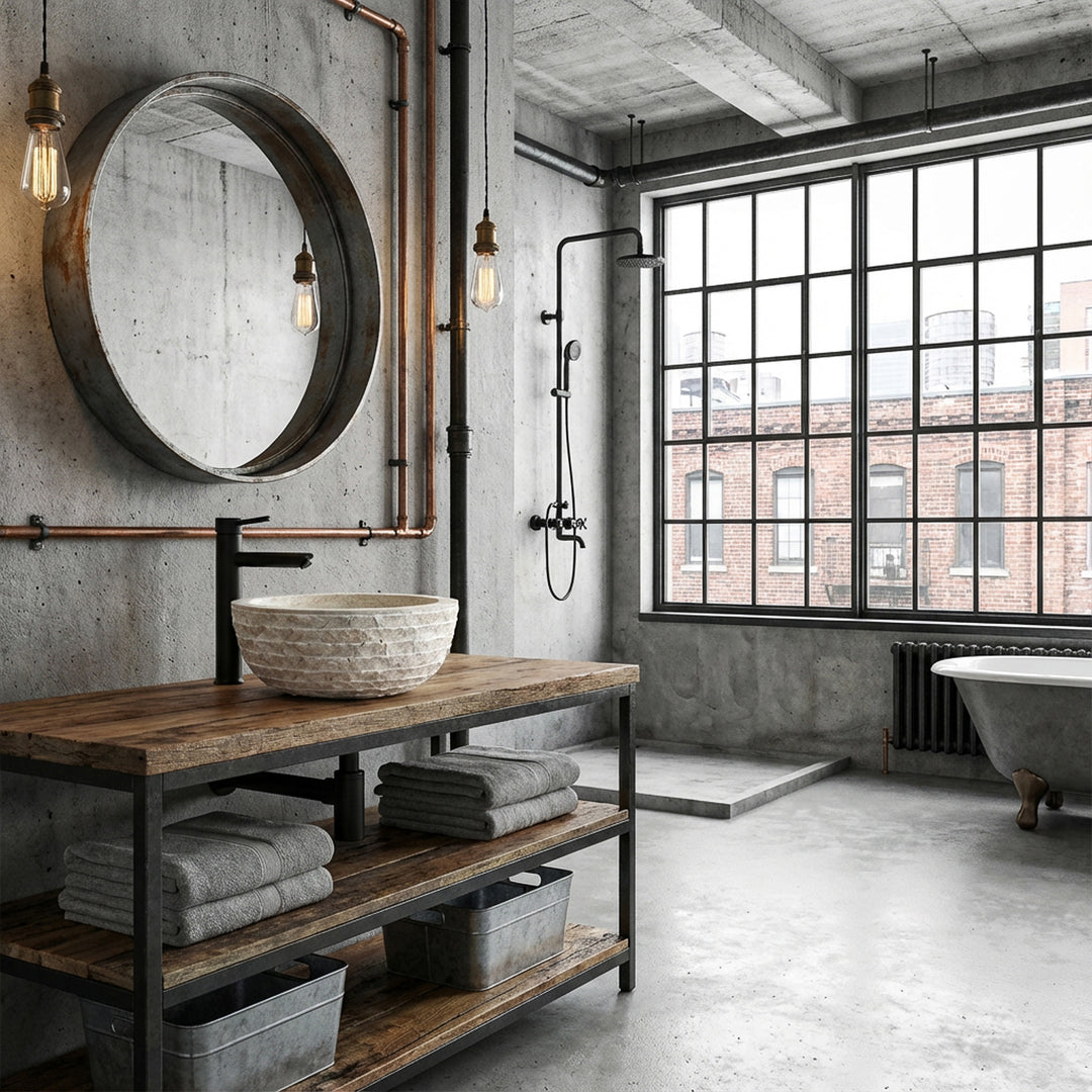 Lavatório redondo de pedra natural com superfície texturada, assente numa consola de madeira e metal, numa casa de banho de estilo loft industrial