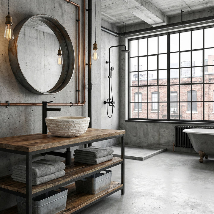 Lavatório redondo de pedra natural com superfície texturada, assente numa consola de madeira e metal, numa casa de banho de estilo loft industrial