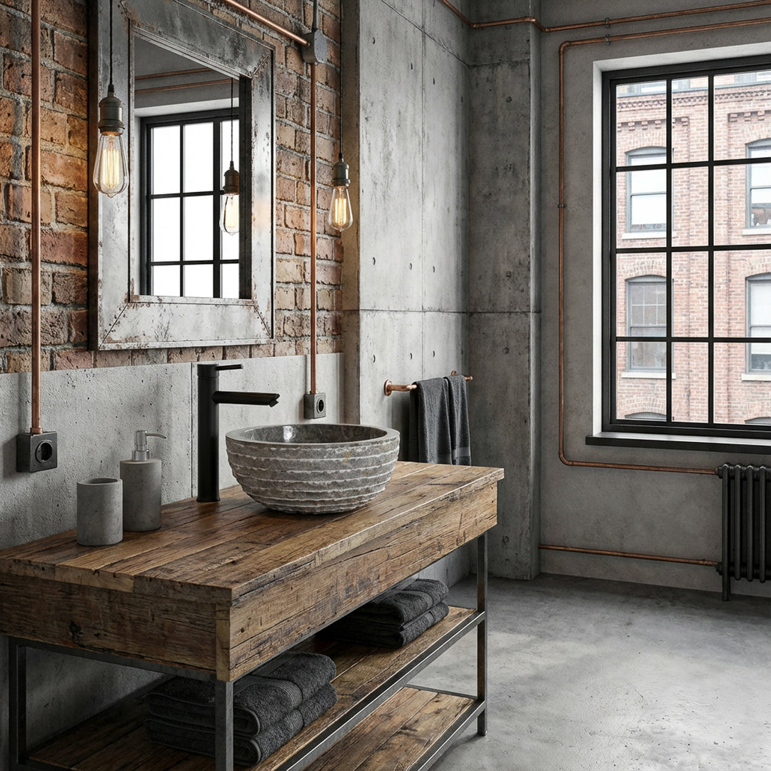 Lavatório redondo em mármore sobre uma mesa rústica de madeira numa casa de banho de estilo industrial, com betão aparente, tijolo e torneiras pretas