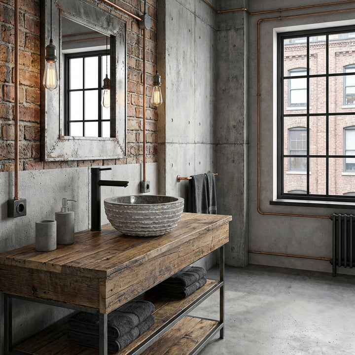 Lavatório redondo em mármore sobre uma mesa rústica de madeira numa casa de banho de estilo industrial, com betão aparente, tijolo e torneiras pretas