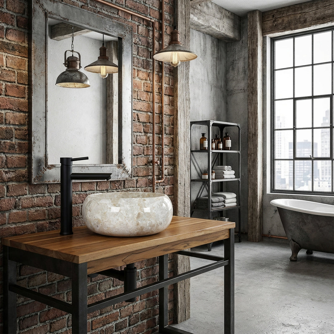 Lavatório redondo de mármore claro sobre um móvel de madeira, com torneiras pretas, numa casa de banho de estilo loft industrial