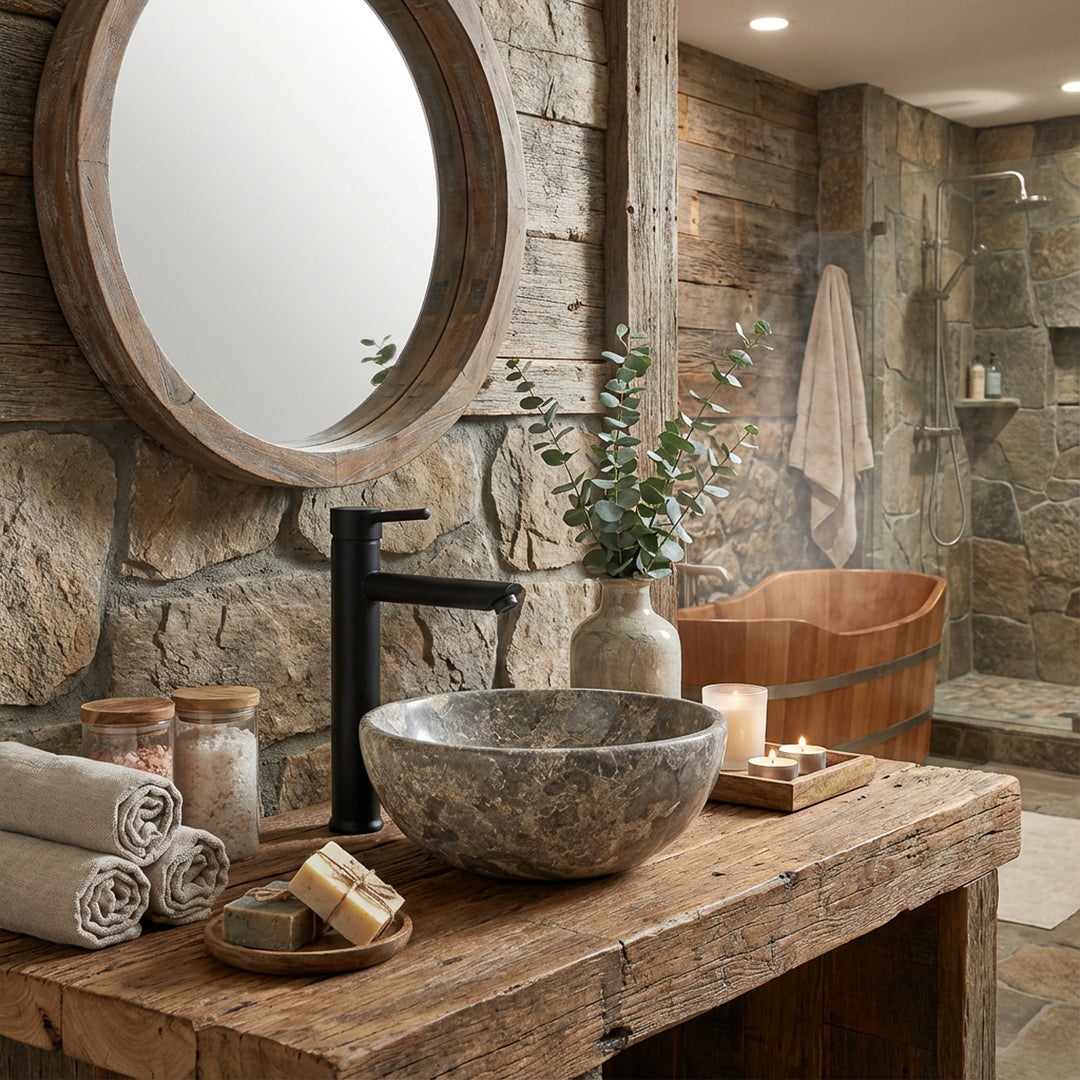 Lavatório redondo de pedra natural com veios castanho-acinzentados sobre uma bancada de madeira maciça numa casa de banho rústica em estilo spa, combinado com torneiras pretas, banheira de madeira, velas e paredes de pedra natural