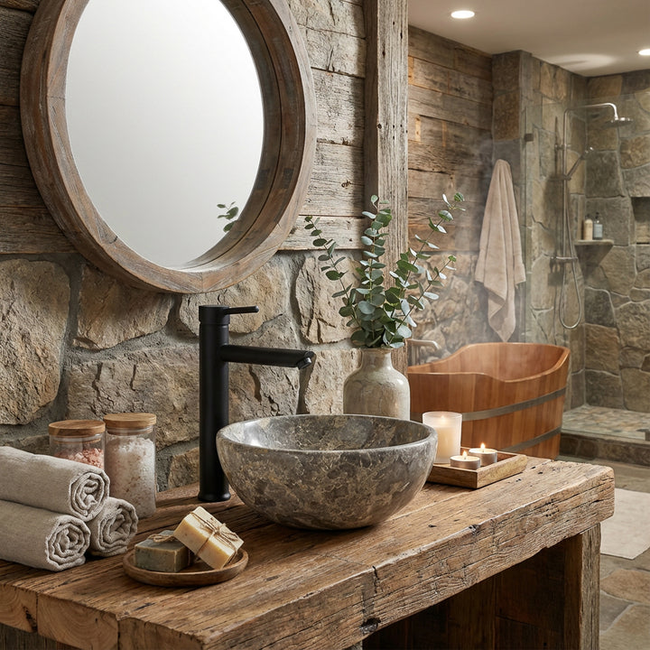 Lavatório redondo de pedra natural com veios castanho-acinzentados sobre uma bancada de madeira maciça numa casa de banho rústica em estilo spa, combinado com torneiras pretas, banheira de madeira, velas e paredes de pedra natural