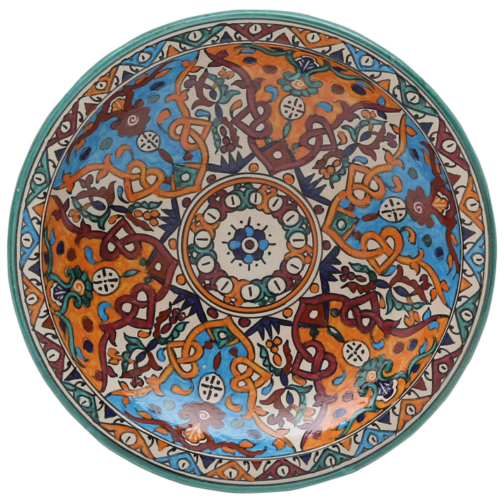 Taça de cerâmica marroquina de Fez, pintada à mão em turquesa e laranja, Ø 35 cm