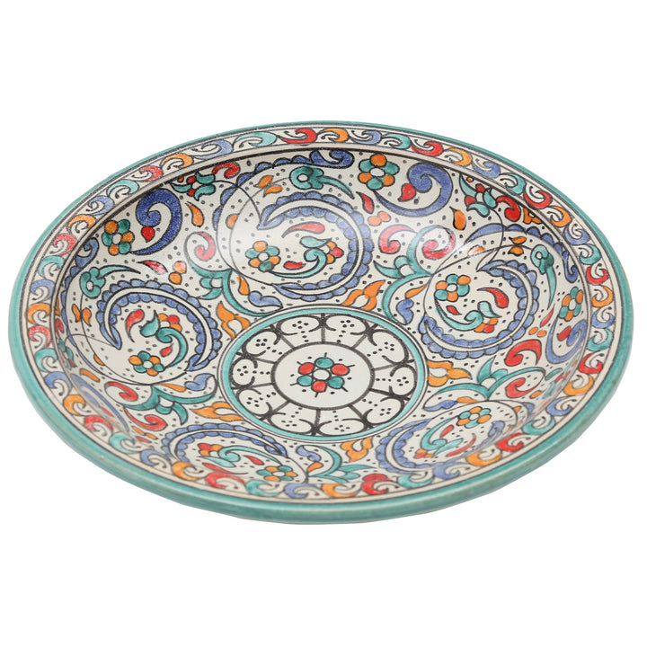 Grande taça de cerâmica marroquina com borda turquesa e decoração floral