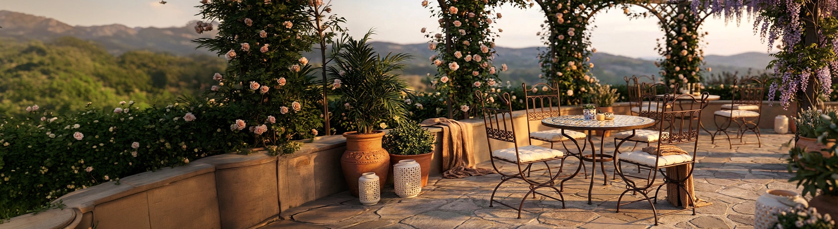 Cadeiras de metal – Cadeiras marroquinas de ferro metálico no terraço com mesa de mosaico no jardim - cadeiras forjadas à mão para áreas externas e de jantar