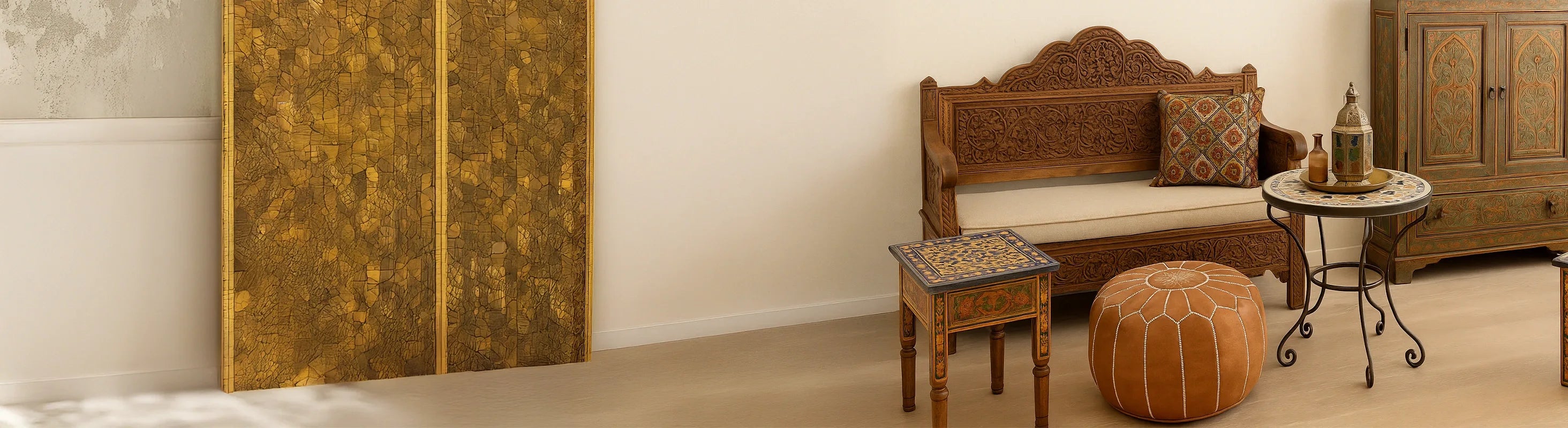 Mobiliário marroquino – Uma sala de estar elegantemente decorada com móveis marroquinos feitos à mão em madeira, mosaico e metal em design oriental.